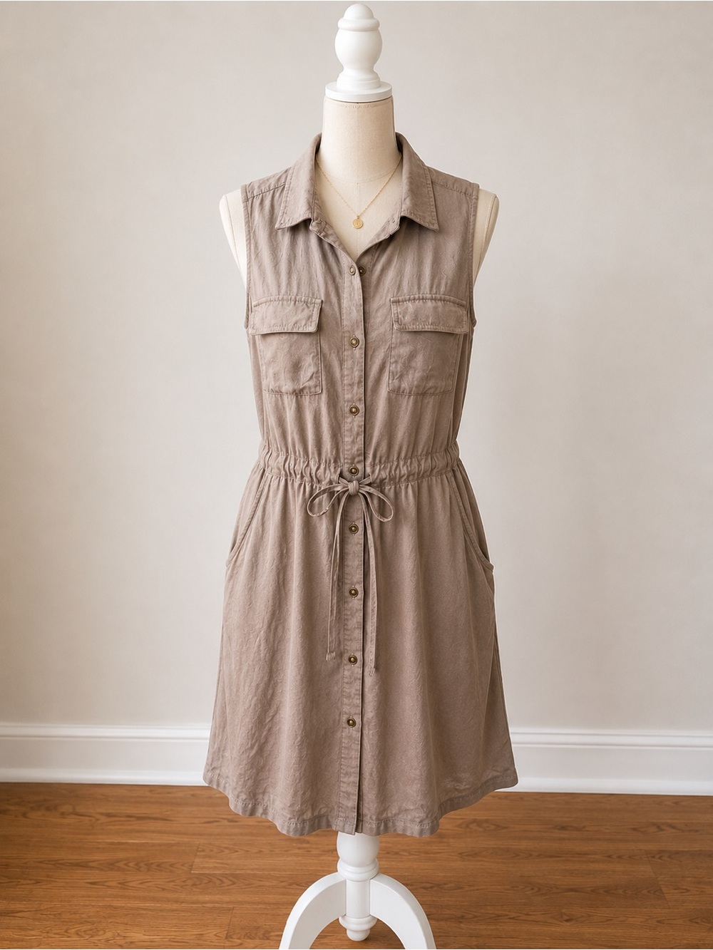 Sleeveless Drawstring Shirt Dress in Taupe